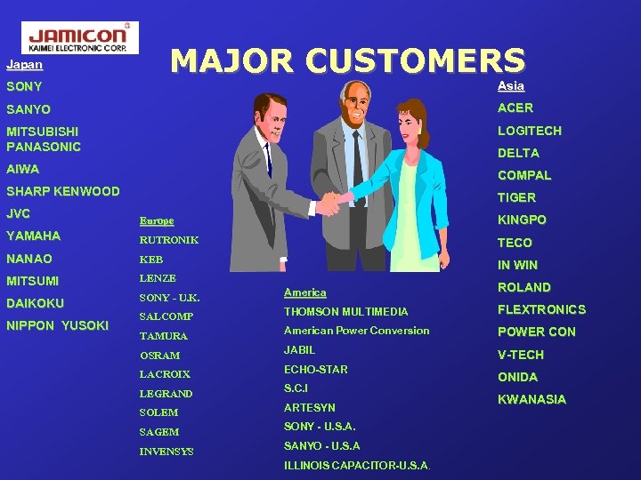 MAJOR CUSTOMERS Japan Asia SONY SANYO ACER MITSUBISHI PANASONIC LOGITECH DELTA AIWA COMPAL SHARP