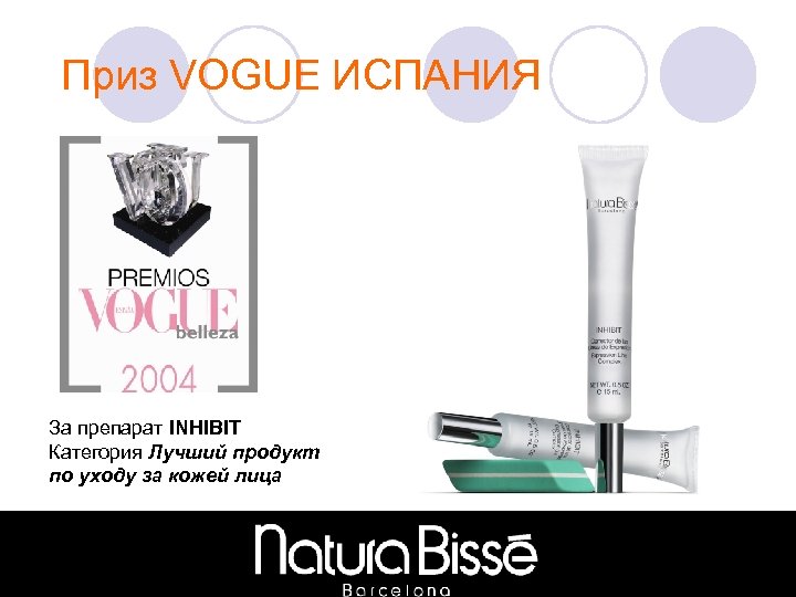 Приз VOGUE ИСПАНИЯ За препарат INHIBIT Категория Лучший продукт по уходу за кожей лица