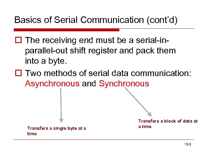 Basics of Serial Communication (cont’d) o The receiving end must be a serial-inparallel-out shift