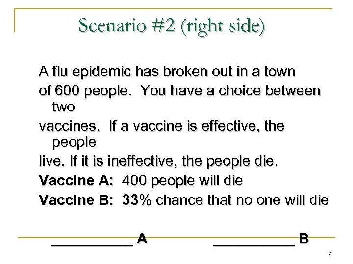 Scenario #2 (right side) A flu epidemic has broken out in a town of
