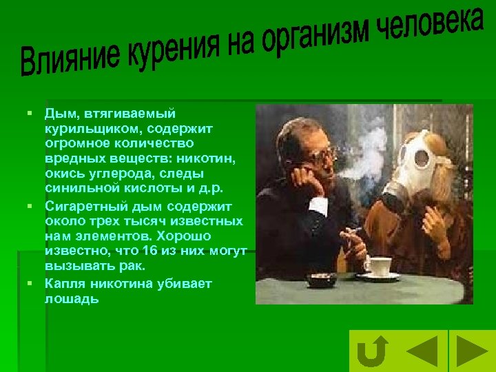 § Дым, втягиваемый курильщиком, содержит огромное количество вредных веществ: никотин, окись углерода, следы синильной
