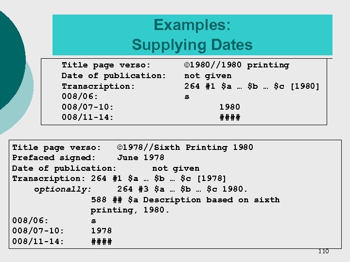 Examples: Supplying Dates Title page verso: Date of publication: Transcription: 008/06: 008/07 -10: 008/11