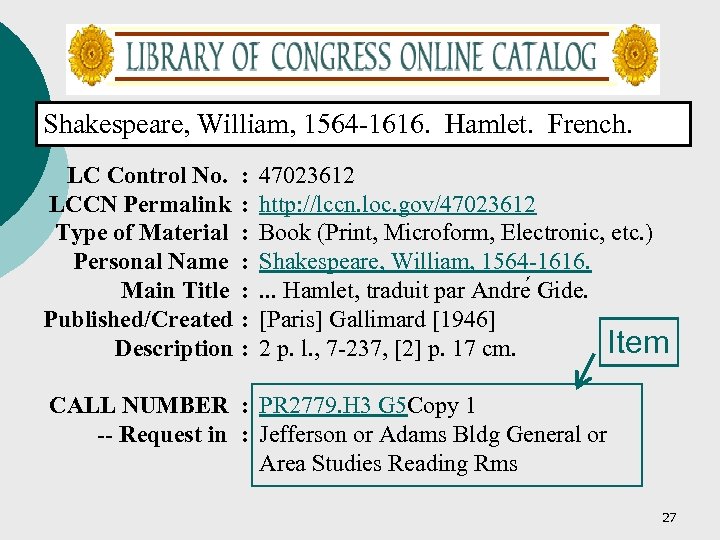 Shakespeare, William, 1564 -1616. Hamlet. French. LC Control No. LCCN Permalink Type of Material