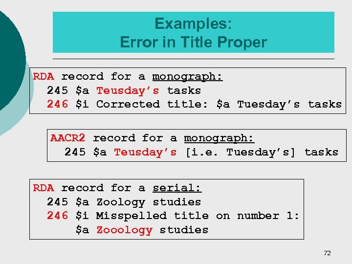 Examples: Error in Title Proper RDA record for a monograph: 245 $a Teusday’s tasks