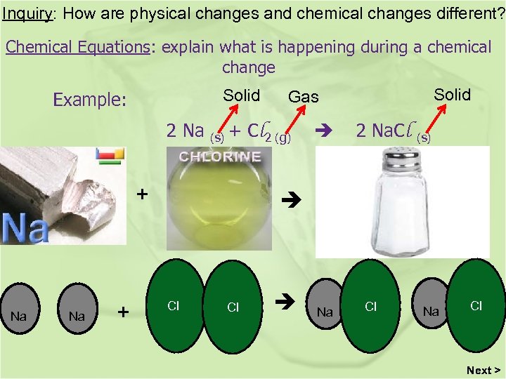 Inquiry: How are physical changes and chemical changes different? Chemical Equations: explain what is
