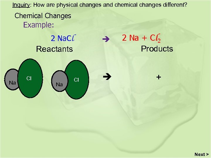 Inquiry: How are physical changes and chemical changes different? Chemical Changes Example: 2 Na.
