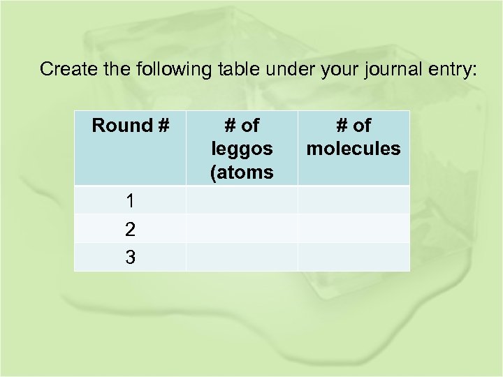 Create the following table under your journal entry: Round # 1 2 3 #