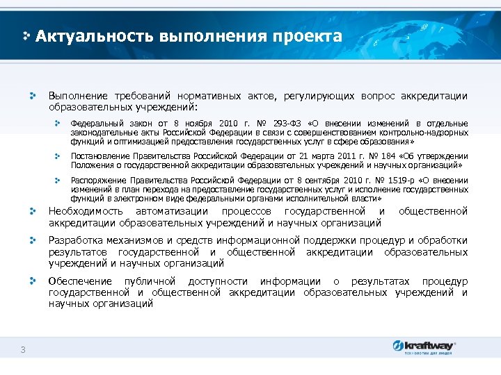 Актуальность выполнения проекта Выполнение требований нормативных актов, регулирующих вопрос аккредитации образовательных учреждений: Федеральный закон