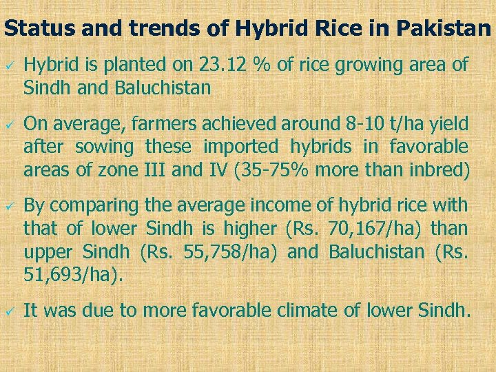 Status and trends of Hybrid Rice in Pakistan ü ü Hybrid is planted on