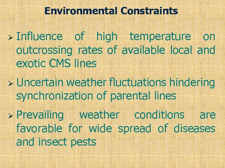 Environmental Constraints Ø Ø Ø Influence of high temperature on outcrossing rates of available
