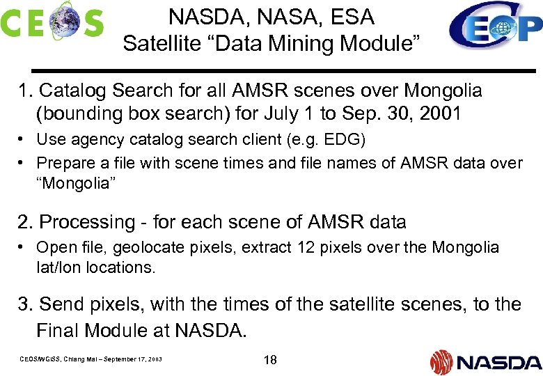 NASDA, NASA, ESA Satellite “Data Mining Module” 1. Catalog Search for all AMSR scenes