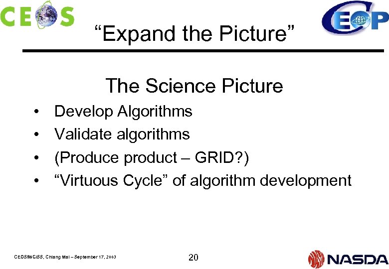 “Expand the Picture” The Science Picture • • Develop Algorithms Validate algorithms (Produce product