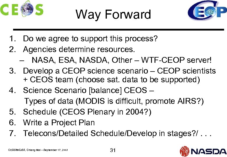Way Forward 1. Do we agree to support this process? 2. Agencies determine resources.