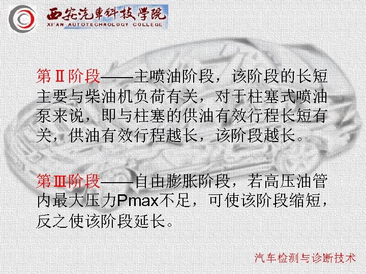 第Ⅱ阶段——主喷油阶段，该阶段的长短 主要与柴油机负荷有关，对于柱塞式喷油 泵来说，即与柱塞的供油有效行程长短有 关，供油有效行程越长，该阶段越长。 第Ⅲ阶段——自由膨胀阶段，若高压油管 内最大压力Pmax不足，可使该阶段缩短， 反之使该阶段延长。 