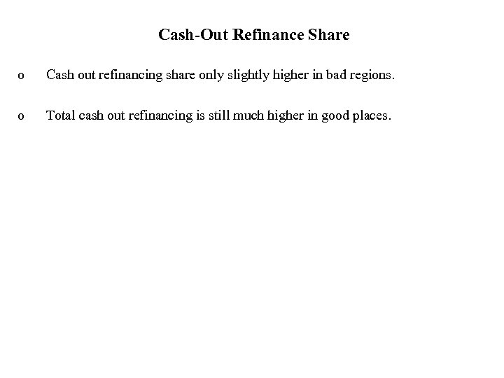 Cash-Out Refinance Share o Cash out refinancing share only slightly higher in bad regions.