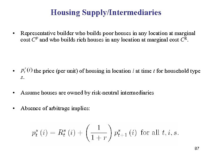 Housing Supply/Intermediaries • Representative builder who builds poor houses in any location at marginal