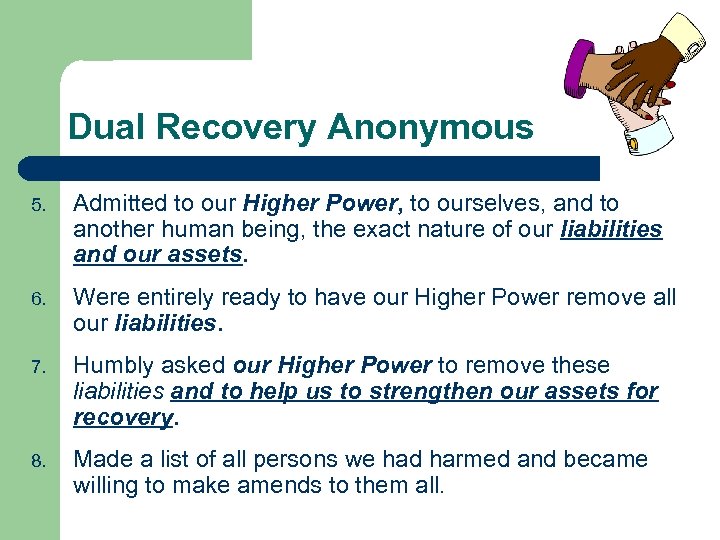 Dual Recovery Anonymous 5. Admitted to our Higher Power, to ourselves, and to another