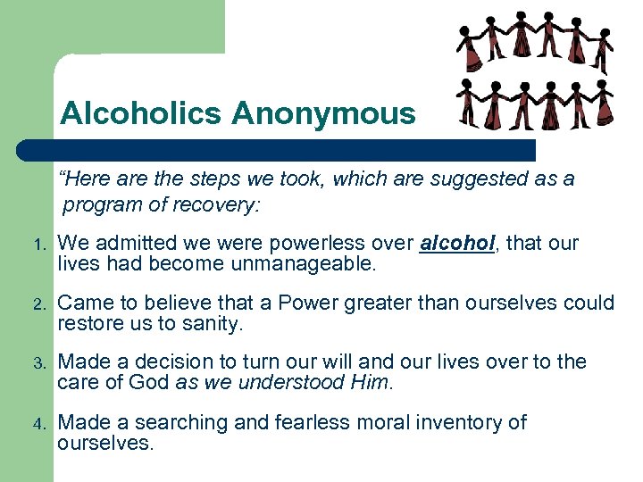 Alcoholics Anonymous “Here are the steps we took, which are suggested as a program