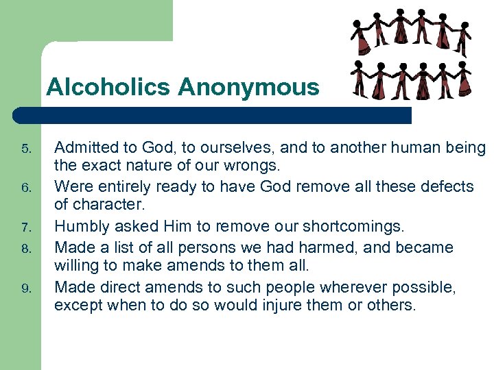 Alcoholics Anonymous 5. 6. 7. 8. 9. Admitted to God, to ourselves, and to