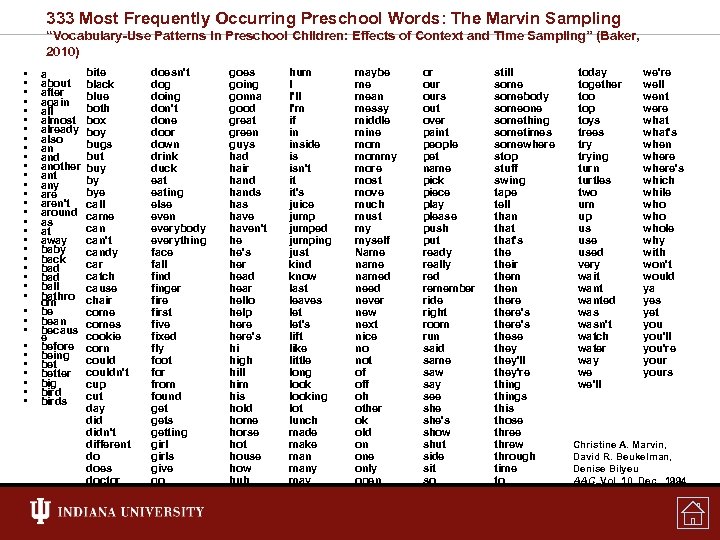 333 Most Frequently Occurring Preschool Words: The Marvin Sampling “Vocabulary-Use Patterns in Preschool Children: