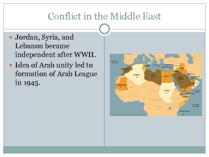 Conflict in the Middle East Jordan, Syria, and Lebanon became independent after WWII. Idea