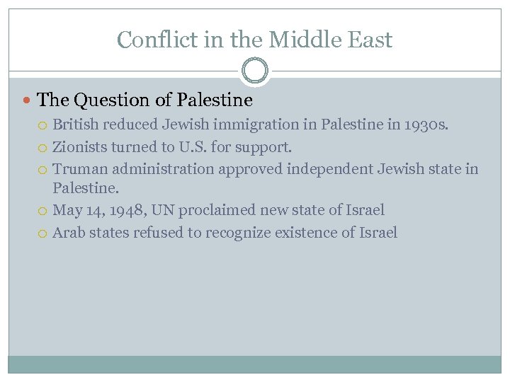 Conflict in the Middle East The Question of Palestine British reduced Jewish immigration in