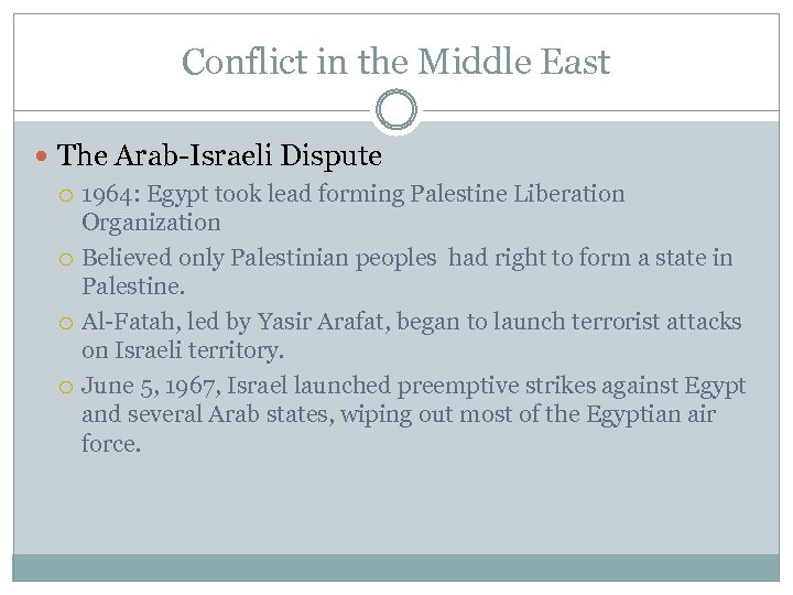 Conflict in the Middle East The Arab-Israeli Dispute 1964: Egypt took lead forming Palestine