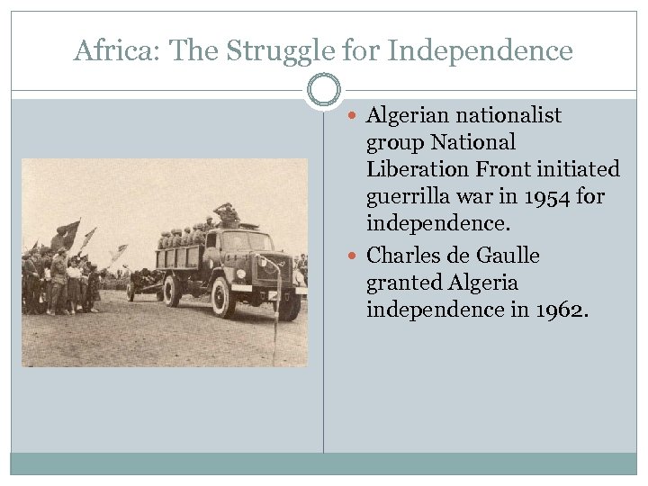 Africa: The Struggle for Independence Algerian nationalist group National Liberation Front initiated guerrilla war