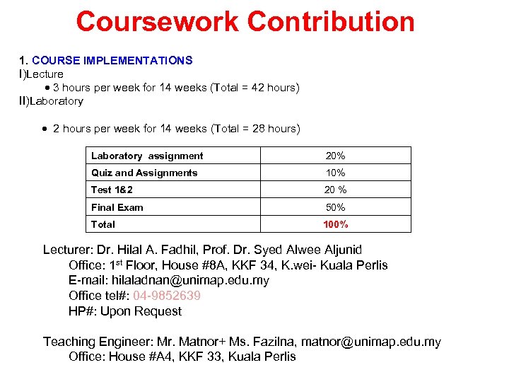Coursework Contribution 1. COURSE IMPLEMENTATIONS I)Lecture 3 hours per week for 14 weeks (Total