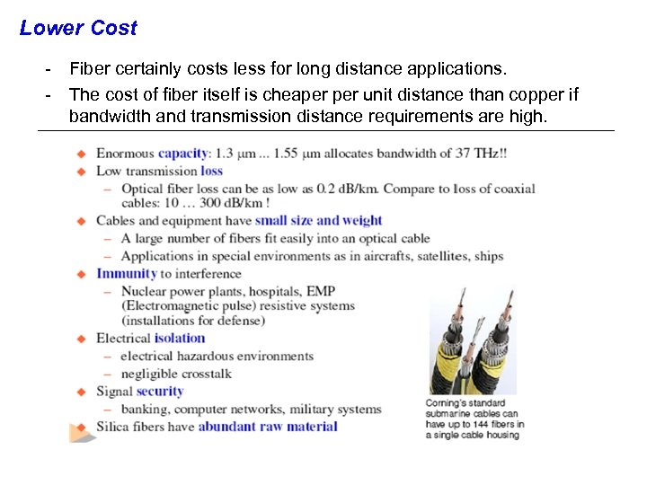 Lower Cost - Fiber certainly costs less for long distance applications. - The cost