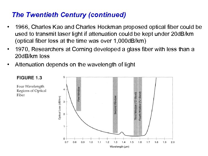 The Twentieth Century (continued) • 1966, Charles Kao and Charles Hockman proposed optical fiber