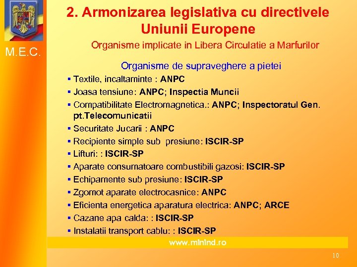 2. Armonizarea legislativa cu directivele Uniunii Europene M. E. C. Organisme implicate in Libera
