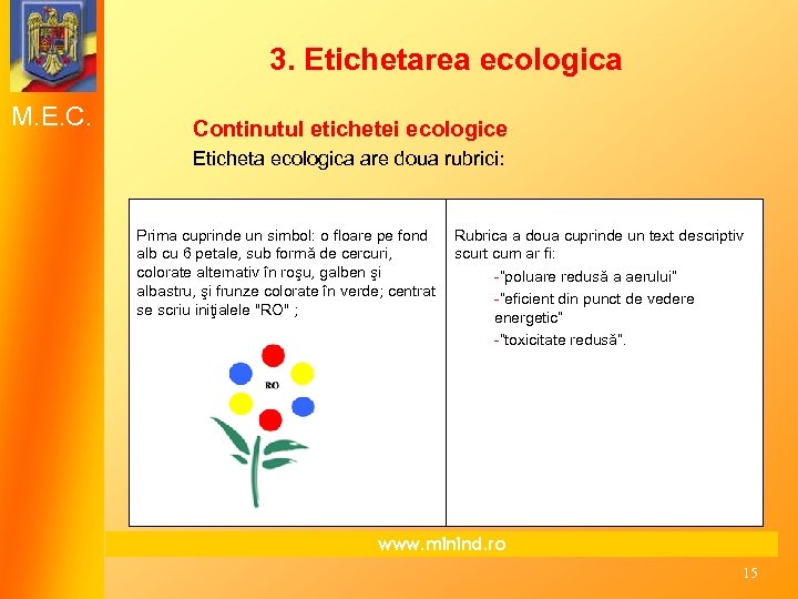 3. Etichetarea ecologica M. E. C. Continutul etichetei ecologice Eticheta ecologica are doua rubrici: