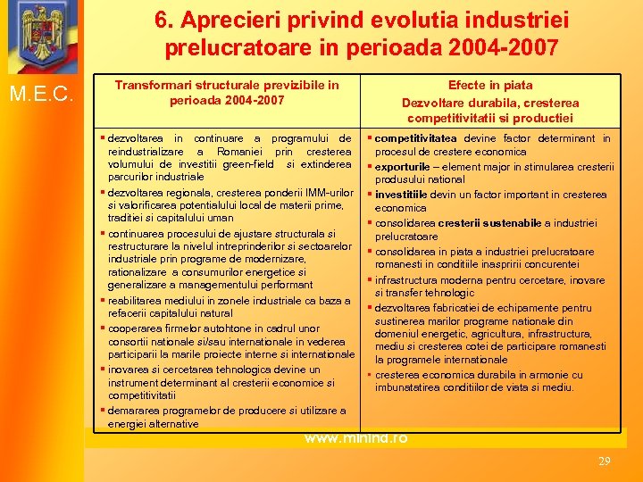 6. Aprecieri privind evolutia industriei prelucratoare in perioada 2004 -2007 M. E. C. Transformari