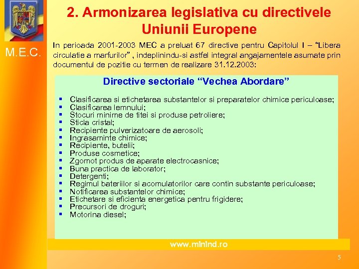 2. Armonizarea legislativa cu directivele Uniunii Europene M. E. C. In perioada 2001 -2003