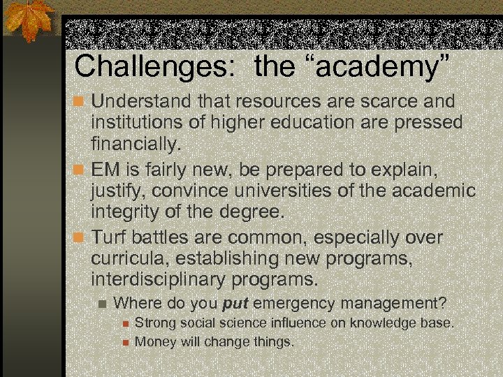 Challenges: the “academy” n Understand that resources are scarce and institutions of higher education