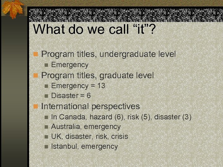 What do we call “it”? n Program titles, undergraduate level n Emergency n Program