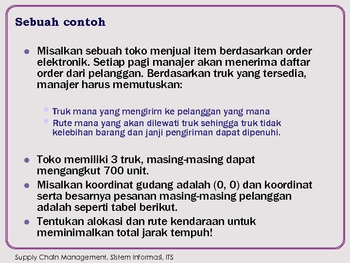 Sebuah contoh l Misalkan sebuah toko menjual item berdasarkan order elektronik. Setiap pagi manajer
