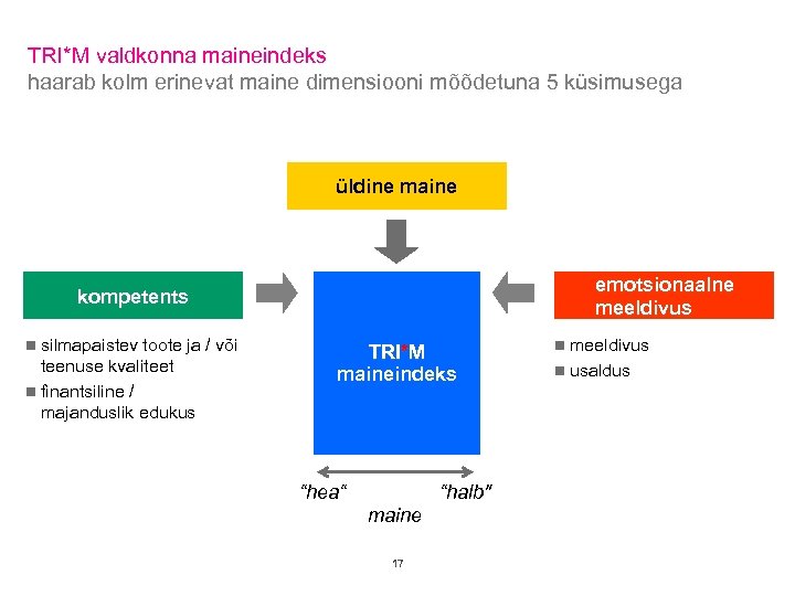 TRI*M valdkonna maineindeks haarab kolm erinevat maine dimensiooni mõõdetuna 5 küsimusega üldine maine emotsionaalne
