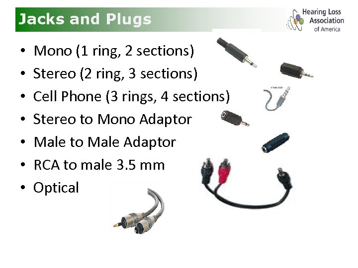 Jacks and Plugs • • Mono (1 ring, 2 sections) Stereo (2 ring, 3