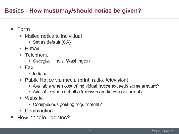 Basics - How must/may/should notice be given? § Form § Mailed notice to individual