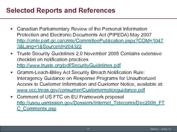 Selected Reports and References § Canadian Parliamentary Review of the Personal Information Protection and