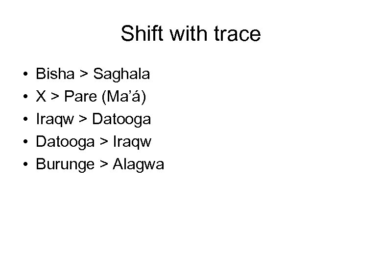 Shift with trace • • • Bisha > Saghala X > Pare (Ma’á) Iraqw