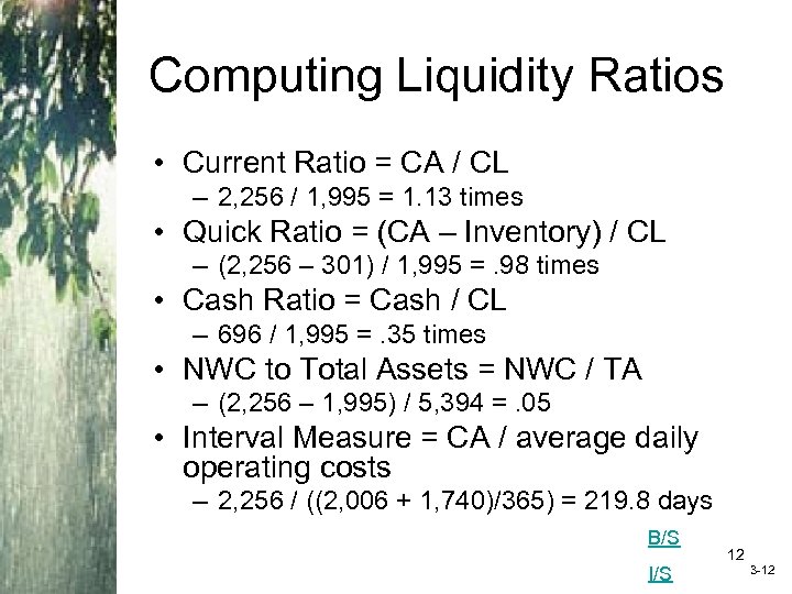 Computing Liquidity Ratios • Current Ratio = CA / CL – 2, 256 /