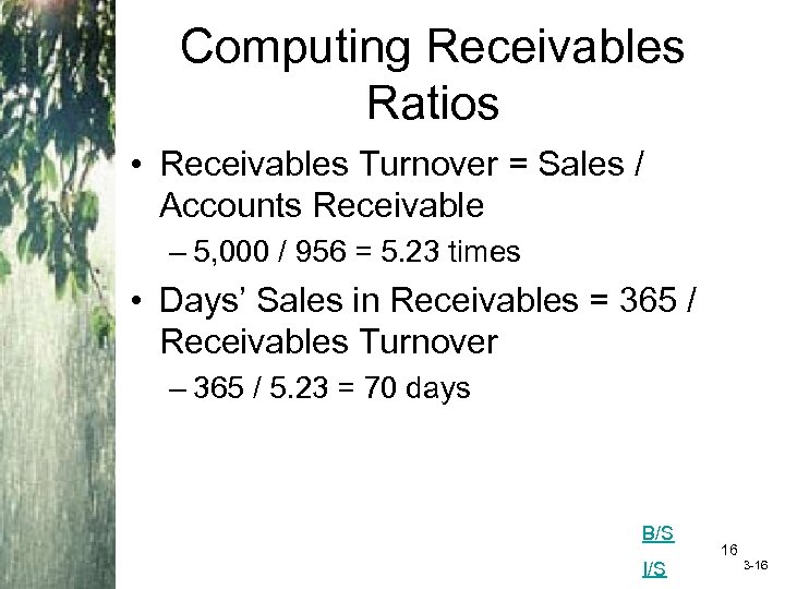 Computing Receivables Ratios • Receivables Turnover = Sales / Accounts Receivable – 5, 000