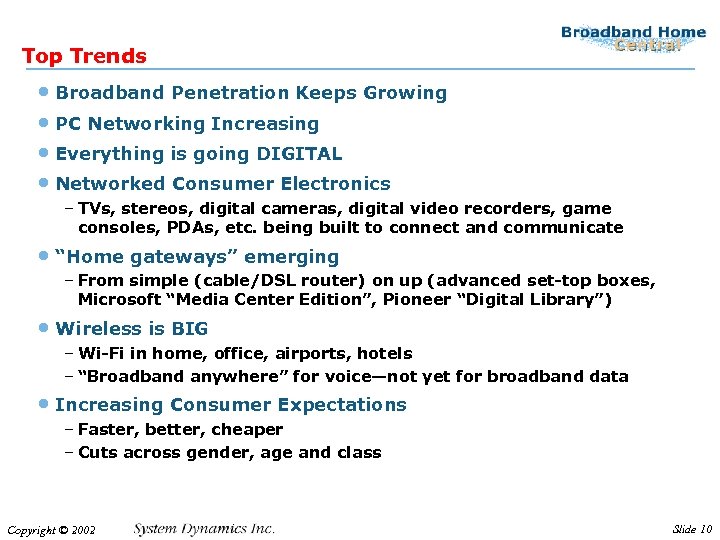 Top Trends • Broadband Penetration Keeps Growing • PC Networking Increasing • Everything is