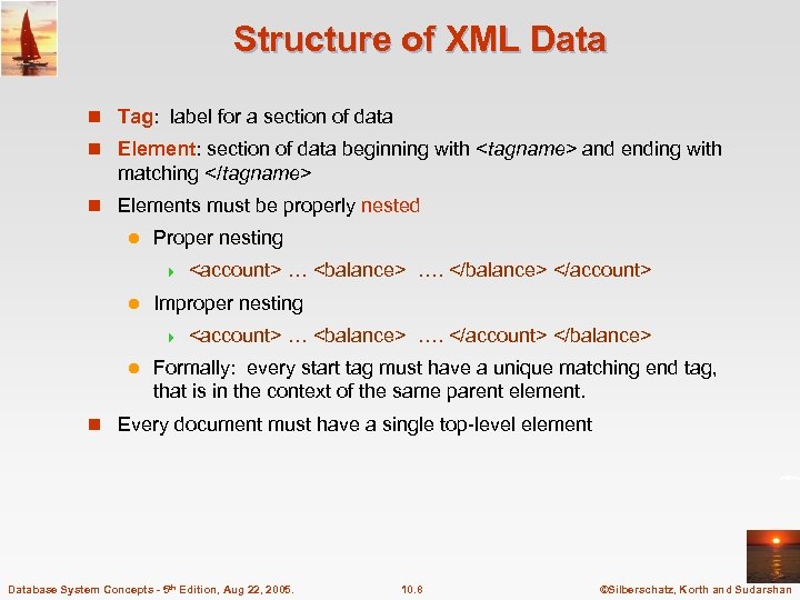 Structure of XML Data n Tag: label for a section of data n Element: