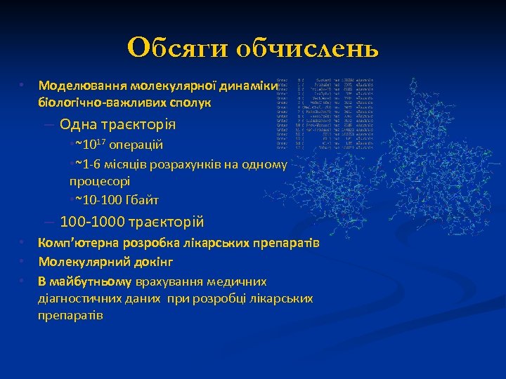 Обсяги обчислень • Моделювання молекулярної динаміки біологічно-важливих сполук – Одна траєкторія • ~1017 операцій