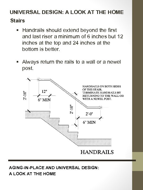UNIVERSAL DESIGN: A LOOK AT THE HOME Stairs § Handrails should extend beyond the