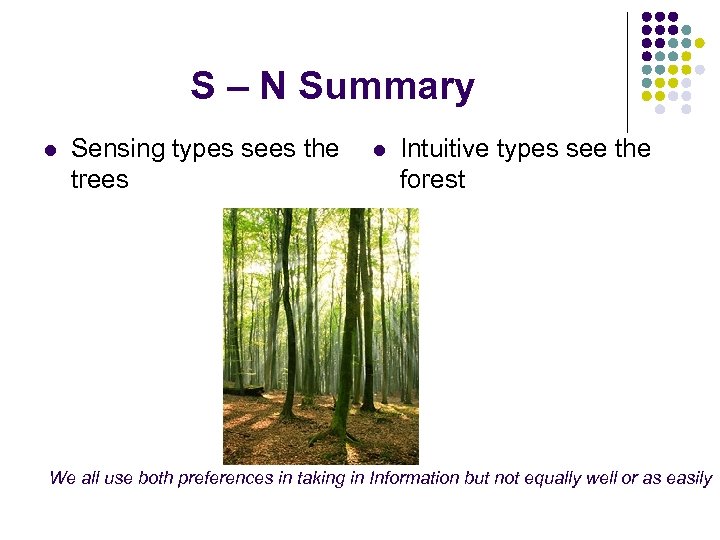 S – N Summary l Sensing types sees the trees l Intuitive types see